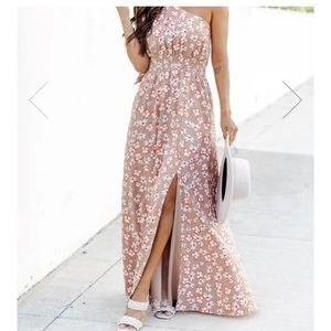 Pink Lily Floral One Shoulder Dress - Pink and White